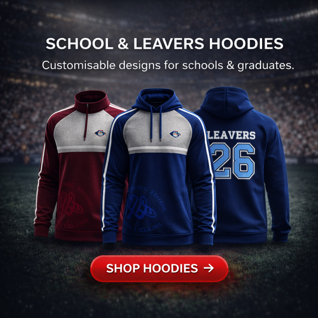 Custom school and leavers hoodies with personalised names, numbers and colours, displayed in a stadium setting with shop hoodies call to action